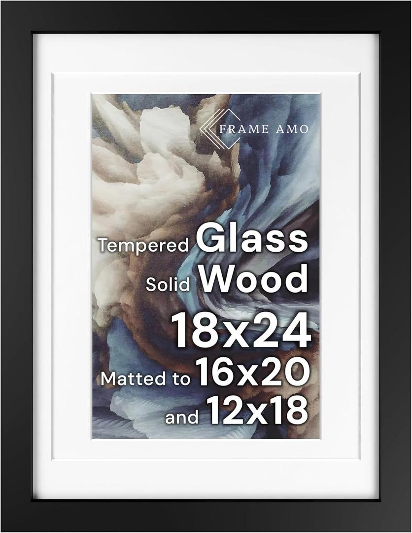 Frame Amo 18x24 Black Solid Wood Poster Frame, White Multi Mat for 16x20 and 12x18 Image, Tempered Glass Front, 1.5 inch Wide, 1 inch Thick, High-End, Heavy-Duty, Gallery Grade & Acid-Free