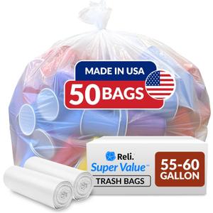 Reli. SuperValue 55-60 Gallon Trash Bags | 50 Count | Made in USA | Heavy Duty | Clear Multi-Use Garbage Bags