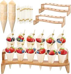 Queekay 100 Disposable Wood Cones for Food with 2 Pcs 12 Holes Charcuterie Cones Holder Stand Ice Cream Cone Display Stand 100 Fancy Toothpicks for Appetizers Catered Events Wedding Buffets Parties