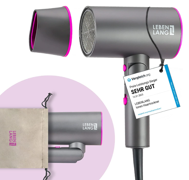 LEBENLANG Ionic Hair Dryer 2100W - Anti-Split End with Cold Air Mode - Foldable Travel Hair Dryer Small - Ionic Hair Dryer - Professional Hair Dryer - Grey-Pink 