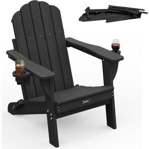 Folding Adirondack Chair, HDPE Adirondack Chair with 2 Cup Holders, Easy Assembly Outdoor Chairs for Patio, Garden, Poolside, Black