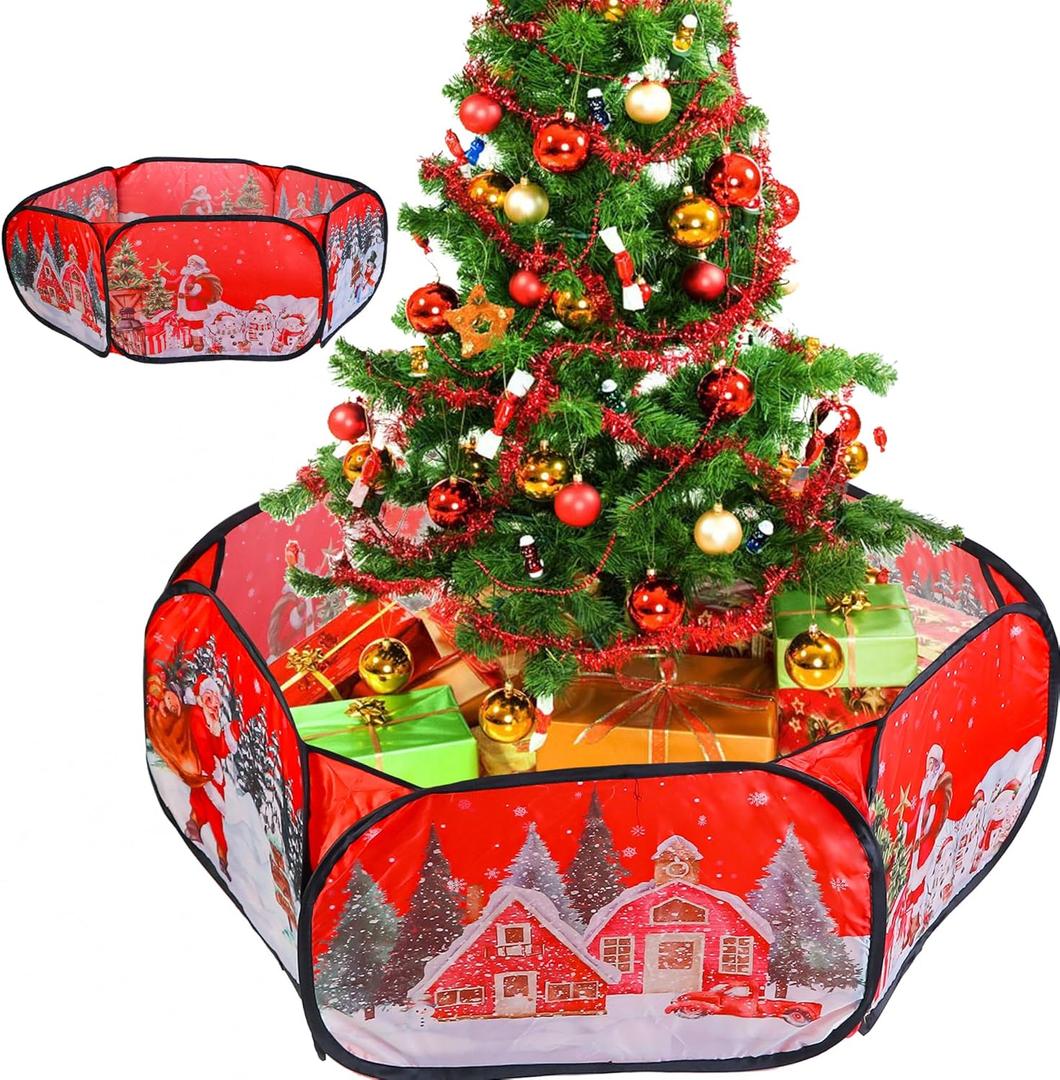 Christmas Tree Fence Barrier for Pets, Christmas Tree Gate for Toddlers, 6-Sided Polyester Fibre Christmas Fence Blocker for Dogs Cats