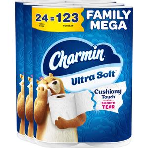 Charmin Ultra Soft Cushiony Touch Toilet Paper, 24 Family Mega Rolls = 123 Regular Rolls (Packaging May Vary) Charmin Ultra Soft Cushiony Touch Toilet Paper, 24 Family Mega Rolls = 123 Regular Rolls (Packaging May Vary)