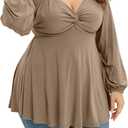 Womens Plus Size Tops Long Sleeve Twist Knot V Neck Shirts Casual Loose Tunic Blouse Fall and Winter (XXXL)