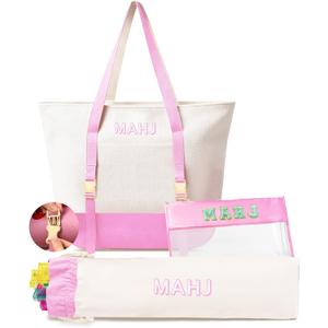 Empty Mahjong Tile Bags Set for American Tiles and Racks,Canvas Tote Bag with Mat Holder Accessories Organizer,Portable Mahjong Case Drawstring Protective Sleeve for Rack Pushers,Pink