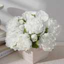 12Pcs Artificial Peonies with Wooden Vase, White Silk Flower Centerpieces for Tables, Fake Floral Arrangements with Planter, Realistic Stems for Living Room Washroom Home Decorations