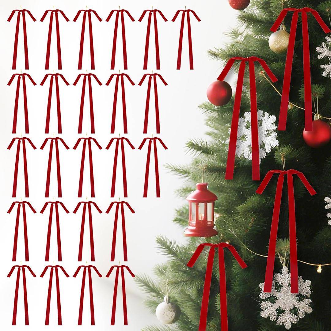 24 Pcs Long Velvet Christmas Bows 23.6''x15.7'' Red Velvet Bows Ornaments for Christmas Tree Staircase Wreath Garland Vintage Tree Topper Bows for Xmas Indoor & Outdoor Decor