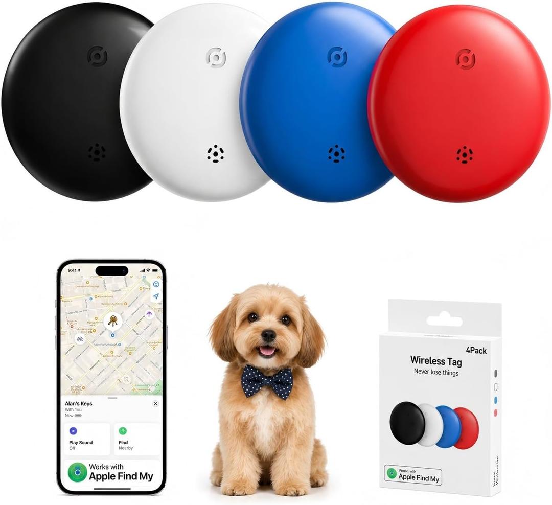 Air Tags Tracker 4 Pack:Bluetooth Item Finder Works with Apple Find My, iOS Only Key Finder, Pet Tracker, Luggage Locator, Wallet & Backpack Tag Replaceable Battery (Reef Accent Pack)