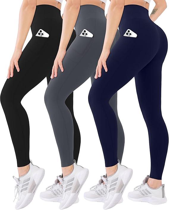 3 Pack High Waisted Leggings for Women with Pockets Soft Active Tummy Control Pants for Yoga Running & Daily Wear, Small-Medium