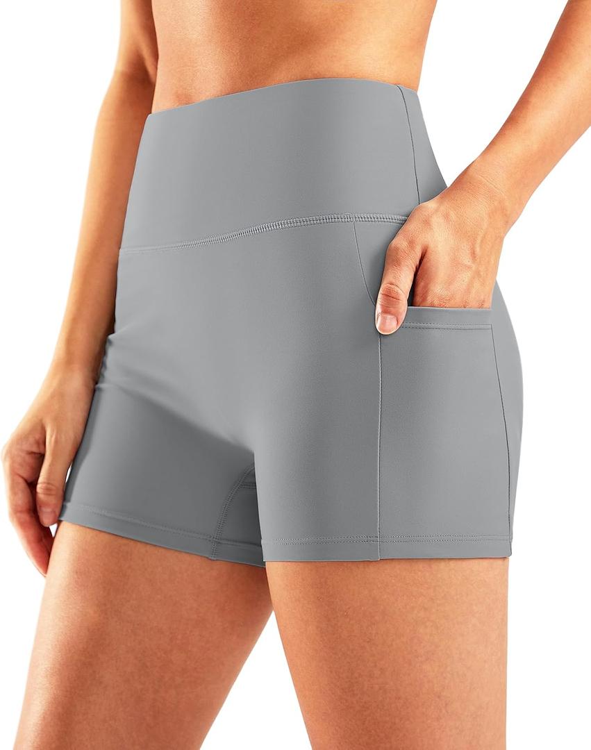 Pudolla Womens Swim Shorts High Waisted Bathing Bottom Shorts Tummy Control Board Swimsuit with Pockets (X-Small, Light Grey)