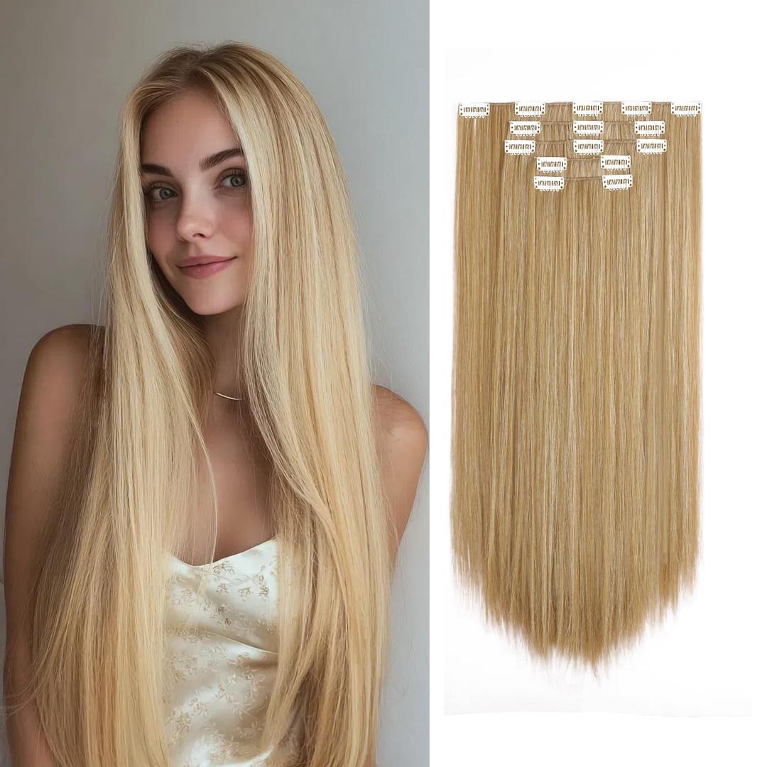 Hair Extensions Clip Ins 26 Inch Long Synthetic Straight Invisible Extension 5PCS Soft and Natural Fake Cheap Clips on Hairpieces for Women Full Head 8.1 Oz Golden Brown Mix Bleach Blonde