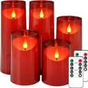 NURADA Flameless Candles, Acrylic LED Pillar Candles Battery Operated with Remote and Timer for Romantic Ambiance and Home Table Bathroom Decor, Pack of 5 (D 3"H 4" 5" 6" 8" 8") (Red)