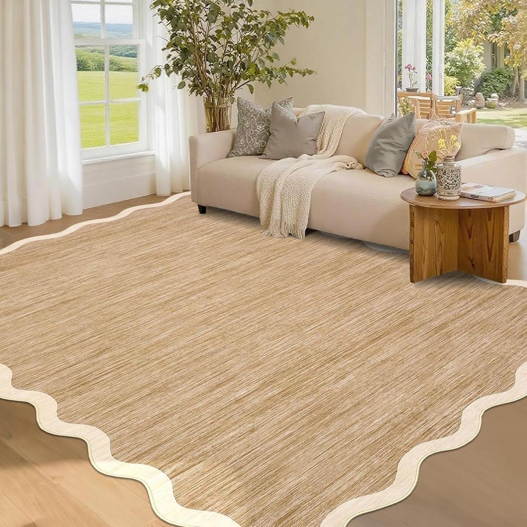 GarveeHome Scalloped Washable Area Rug 4x6 Small Entryway Rug Non Slip Modern Soft Accent Rugs for Bedroom Nursery Low Pile Stain Resistant Carpet for Office, 4 ft x6 ft (Scalloped|light Brown)