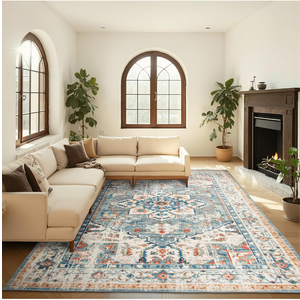 5x7 Area Rug for Living Room Non Slip Low Pile,Washable Vintage Persian 5x7 Area Rugs in Teal Blue for Bedroom Indoor
