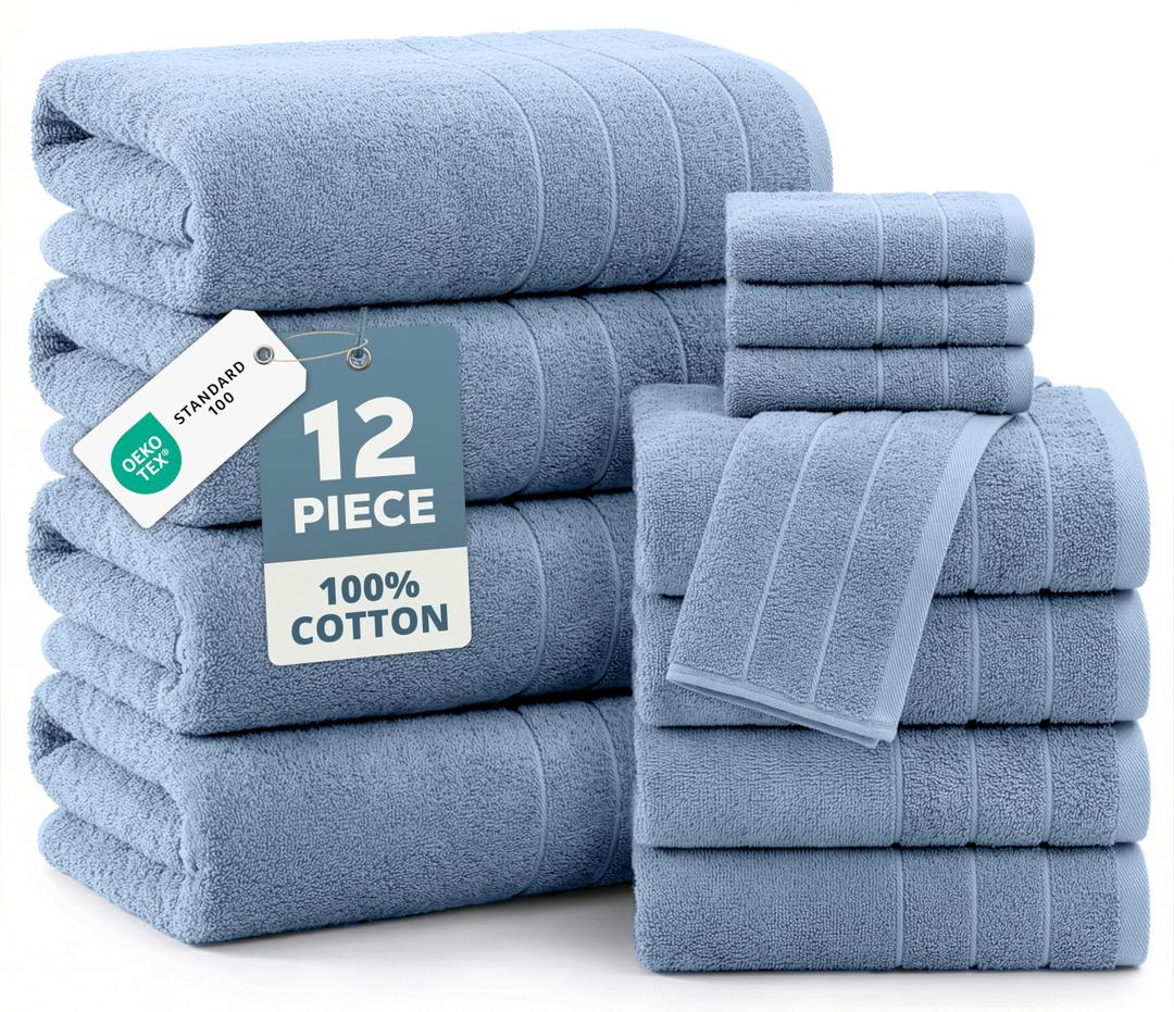 Casa Platino Premium Cotton Bath Towel 12 Piece Set - Super Soft, Quick Dry & Absorbent - 4 Bath, 4 Washcloths, 4 Hand Towels for Bathroom - Hotel Quality & Suitable for Family - Cerulean Blue