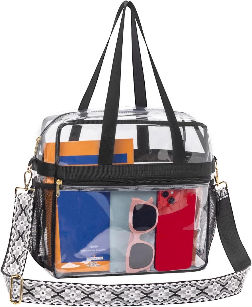 Paxiland Clear Bag for Stadium Events 12x6x12 inches, Clear Tote Bag with Reinforced Strap, Clear HandBag for Sports Concert (White Block Strap)