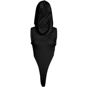 Pulcykp Women Hooded Streetwear Bodysuit Hollow Sexy Body Sleeveless One-Pieces Slim Fit Sexy Bodysuit Top (Large)