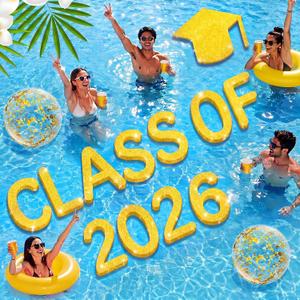 Sumind 14 Pcs Class of 2026 Pool Floating Letters, Gold Glitter EVA Foam Graduation Pool Party Decorations with Grad Cap and Beach Ball, Congrats Grad Prom Photo Props, 12 x 16 Inches