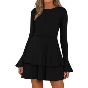 PRETTYGARDEN Womens Fall Fashion 2025 Long Bell Sleeve Mini Sweater Dress Casual Crewneck A Line Knit Short Cocktail Dresses L