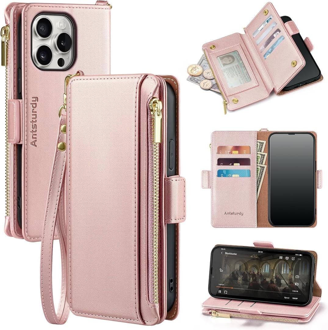 Antsturdy Compatible with iPhone 13 Pro Max Wallet Case, RFID Blocking PU Leather Phone Case Women Men Kickstand Flip Cover Wrist Strap Zipper Credit Card Holder Slots for Apple 13 Pro Max, Rose Gold