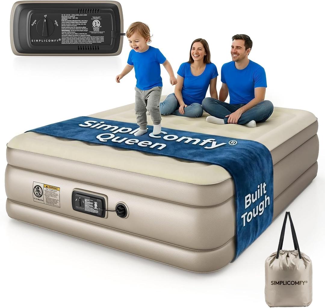 Simpli Comfy 18" Raised Double-High Queen Inflatable Air Mattress with Built-in Electric Pump, Fast Self-Inflating Blow Up Air Bed with Waterproof Top for Home Travel Camping, Colchn Inflable de 18"