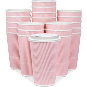 Disposable Coffee Cups With Lids - 16 oz To Go Coffee Cup (70 Pack). Large Travel Cups Hold Shape With Hot and Cold Drinks, No Leaks! Insulated Ripple Cups Protect Hands, No Sleeves needed! (Pink Crepe)