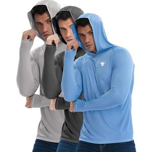 TELALEO 3 Pack Men's UPF 50+ Sun Protection Lightweight Hoodie Performance Long Sleeve SPF UV Shirt for Fishing Running (L)