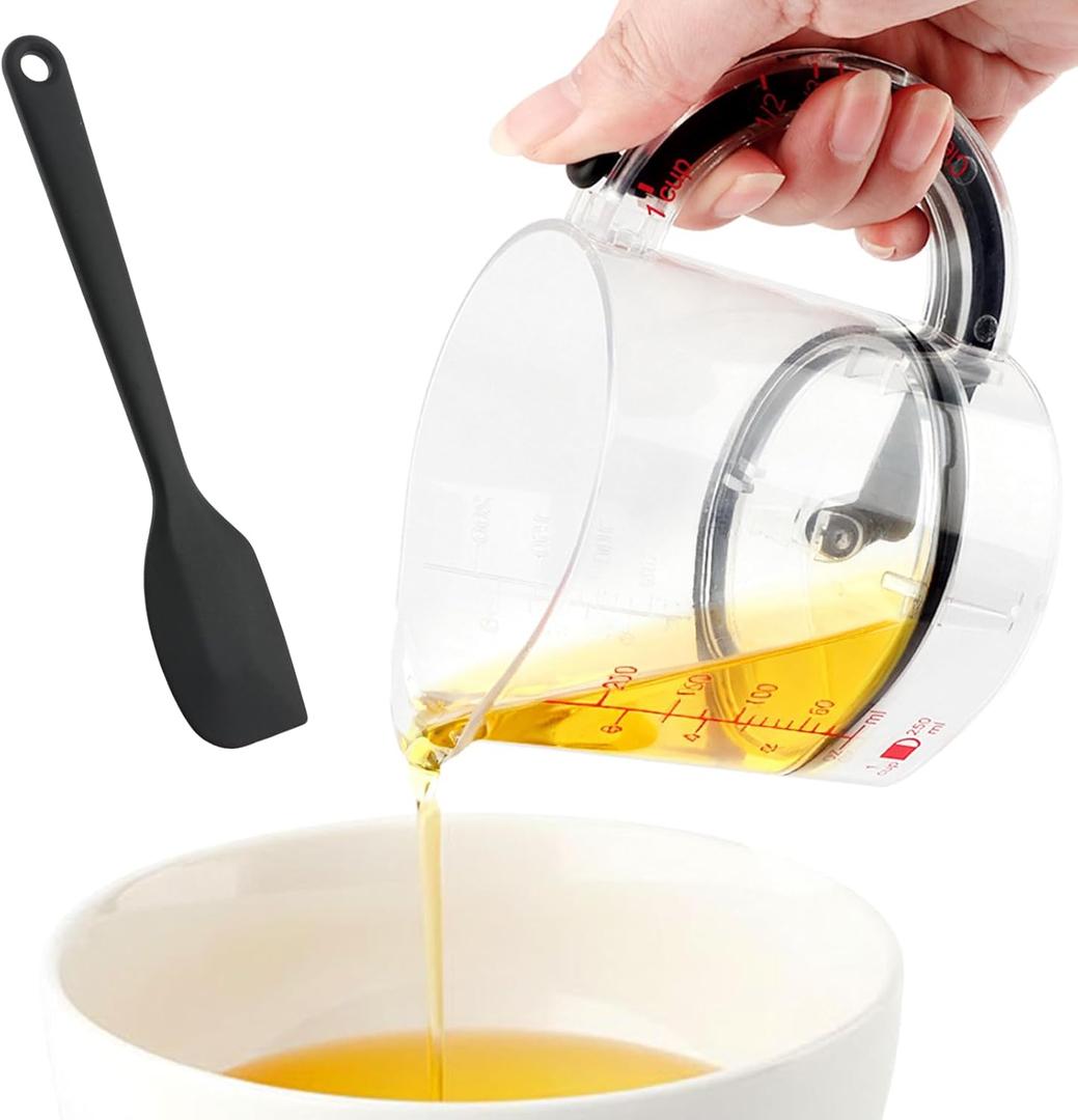 4-in-1 Adjustable Measuring Cup with Silicone Scraper,Adjustable Base & Scraper-Style Seal Base,Cup with 1/4 1/3 1/2 1 Measurements Easy to Clean No Waste,for Cooking and Baking