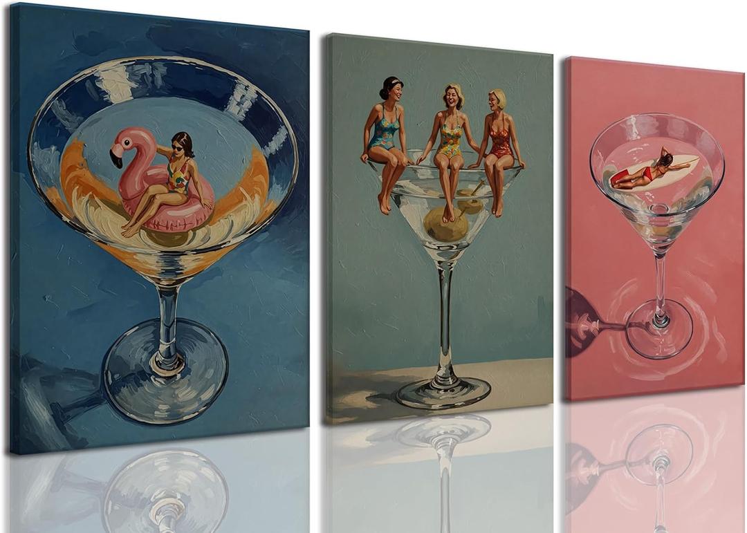 Dirty Martini Wall Art Cocktail Canvas Wall Art Vintage Bar Cart Decor Set of 3 Beach Babes Poster Midcentury Pictures Wall Decor Funky Retro Drink Painting Prints for Apartment Framed
