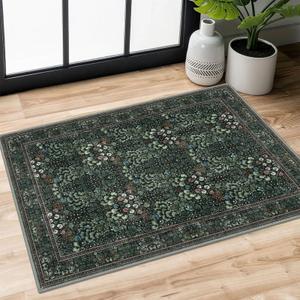 SIILOOM 8x10 Washable Area Rug, Non Slip Large Rug for Bedroom Living Room Dark Green(Modern) Soft Boho Vintage Floral Non Slip Entry Carpet for Entryway Kictchen Front Backdoor Bedside Bedroom
