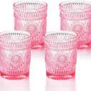 4 Pack Romantic Water Glasses-10.5 OZ Pink Vintage Drinking Glasses Tumblers for Whisky, Beer, Juice, Beverages, Cocktail