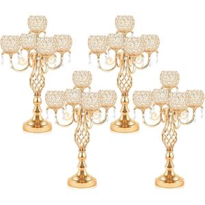 5-Arm Crystal Candelabra Centerpiece 23.2" Tall - Elegant Candle Holder Stand with Crystal Bowl, Chic Table Decor for Weddings, Parties, Anniversary & Home Decoration (4, Gold)