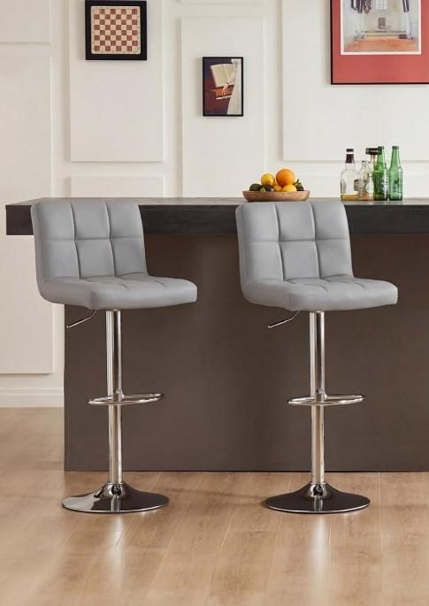 DUMOS Bar Stools Set of 2, 24 inch Counter Height Bar Stools, Upholstered Modern Kitchen Barstools with Metal Base, PU Leather Saddle Stools for Kitchen Island, Grey