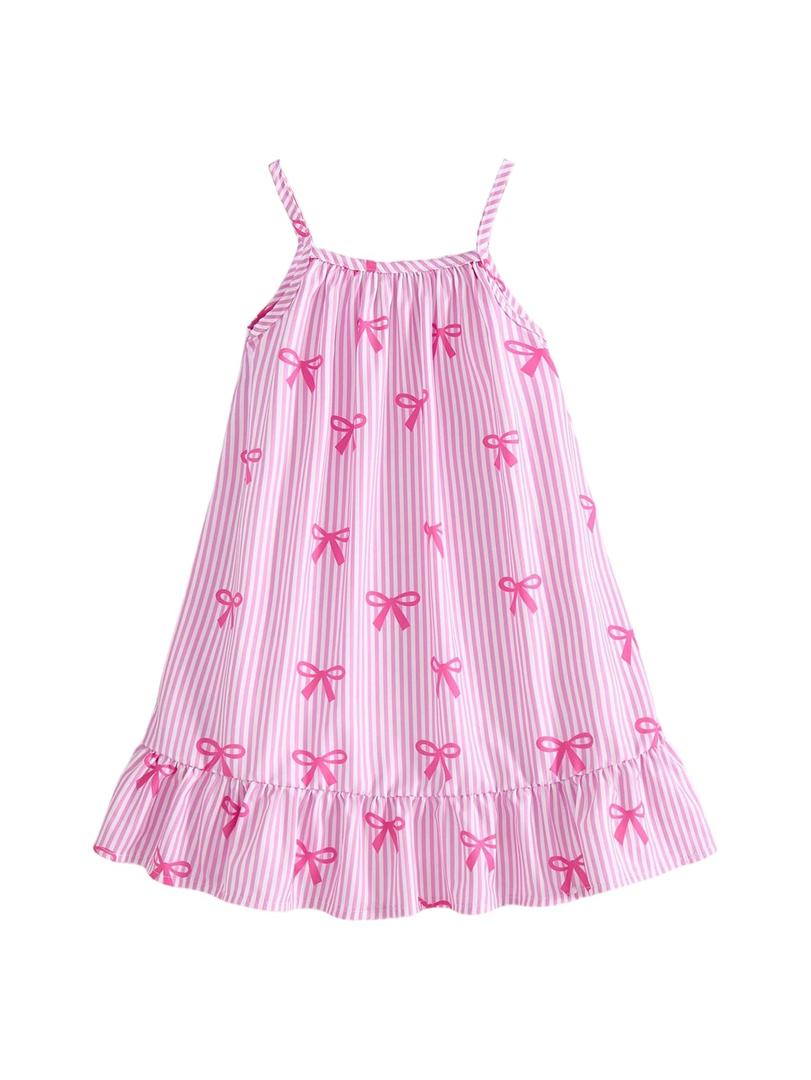 WDIRARA Girl's Cute Bow Striped Ruffle Dress Sleeveless Mini A-line Sundress Pink 4Y