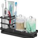 MYITYARD Toothbrush Holders for Bathrooms, Cotton Swabs & Cups Dispenser Set - Metal Electric Tooth Brushing & Toothpaste Countertop Organizer with Drainage for Shower, Sink - Black