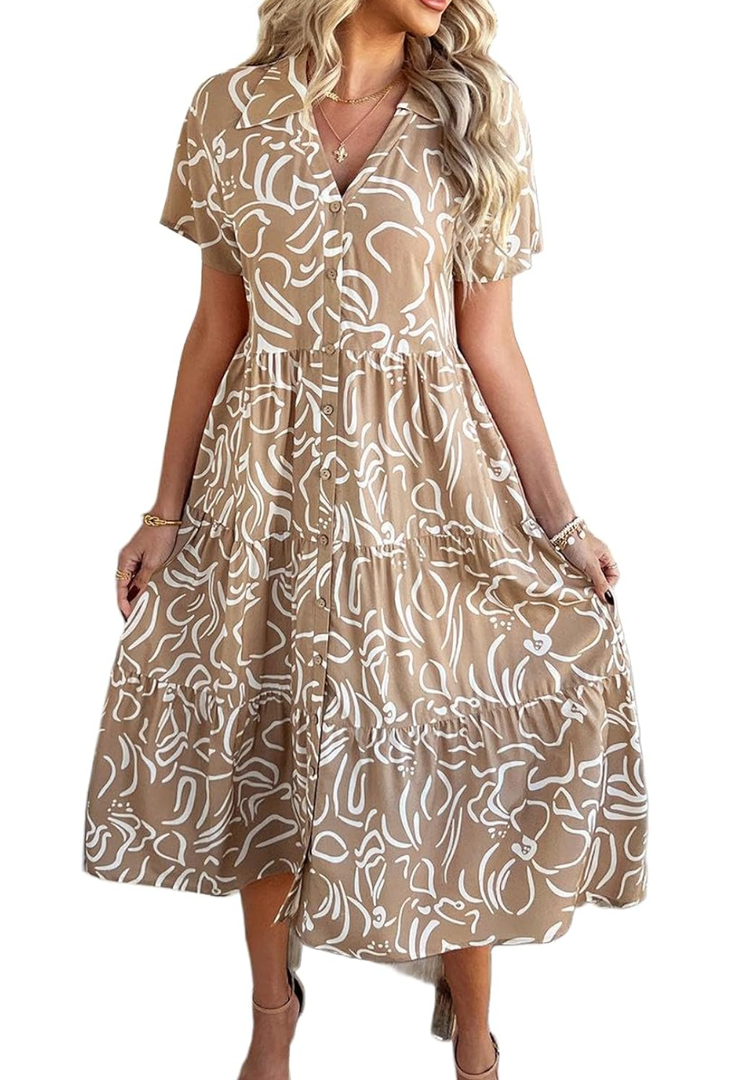 Womens Button Down Floral Babydoll Maxi Dress Short Sleeve Ruffle V Neck Summer Dress Women Beach Fashion 2025 M