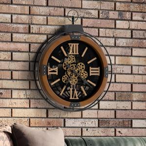 Driini 24 Inch Large Rustic Farmhouse Gear Clock with Moving Gears  Vintage Oversized Wall Clock with Iron Frame  Giant Industrial Steampunk Wall Clock for Living Room Dcor (Walnut)