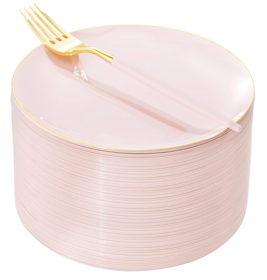 I00000 144PCS Pink Plastic Dessert Plates with Disposable Forks, Premium Pink Cake Plates, Fancy Apetizer Plate with Gold Rims Perfect for Party