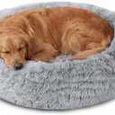 JOLLYVOGUE Calming Dog Beds Large Sized Dog, 36in Donut Washable Large Pet Bed, Anti-Slip & Anti-Anxiety Fluffy Faux Fur Round Dogs Bed, Fits up to 80 lbs Pets (Smoke Grey)