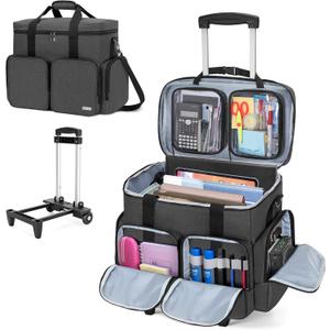 CURMIO Rolling Teacher Tote Bag with Padded Laptop Compartment for up to 15.6 Inches Laptop, Wheeled Teacher Bag for Teaching, Office, Craft, Black