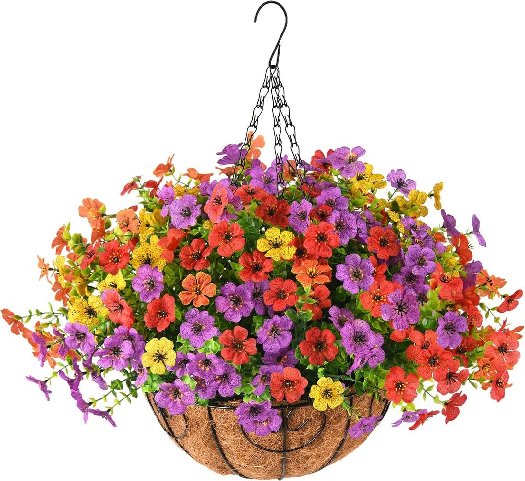 ZFProcess Artificial Faux Hanging Plants Flowers Basket for Spring Summer Outdoor Decoration, Fake Silk Daisy in Planter Realistic UV Resistant Look Real for Porch Home Patio Balcony Yard(Multicolor)