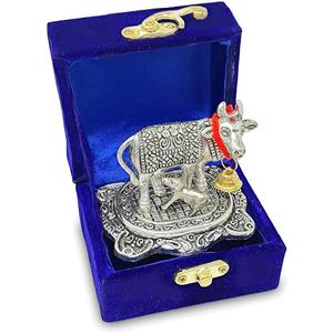 NOBILITY Pooja Items Diwali Gift Silver Antique Small Kamdhenu Cow and Calf with Blue Box Metal Statue Decorative Item Showpiece for Home Office Decoration Wedding Return Gifts
