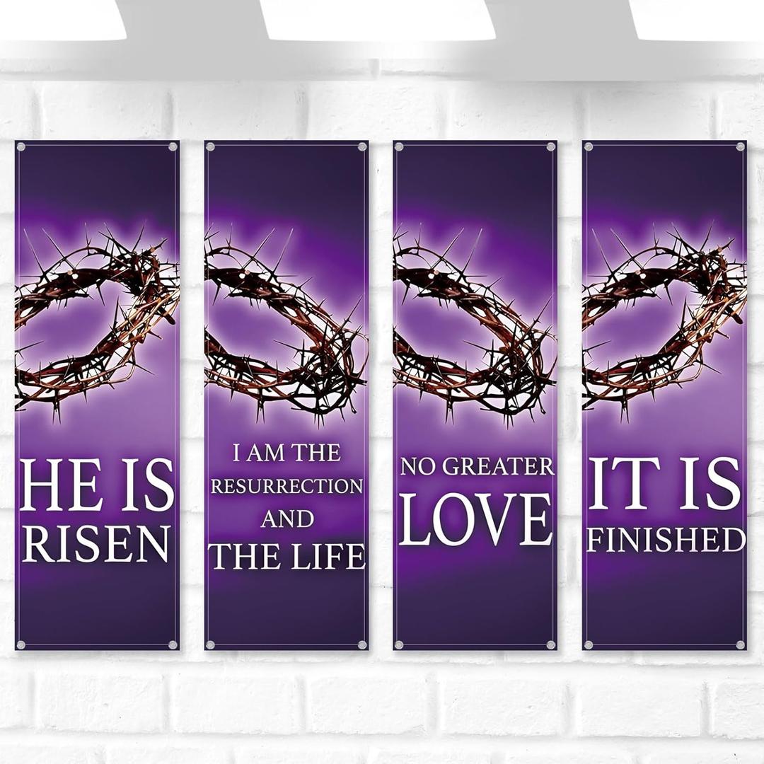 Hosuly 4 Pcs Easter Church Banners with Scripture Purple Easter Religious Banner for Sanctuary Wall Worship Bible Verse Crown of Thorns Religious Praise Hanging Signs for Church Event Decor