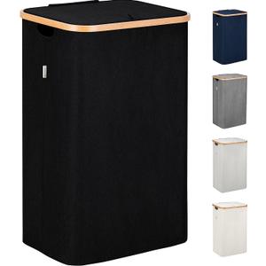 LONBET 26 Gal. Laundry Basket with Lid, Made from Breathable Fabric Aesthetic Clothes Hampers for Laundry with Side Handles & Sturdy Bamboo Frame Laundry Hamper with Lid & Removable Bag, Black (Black)