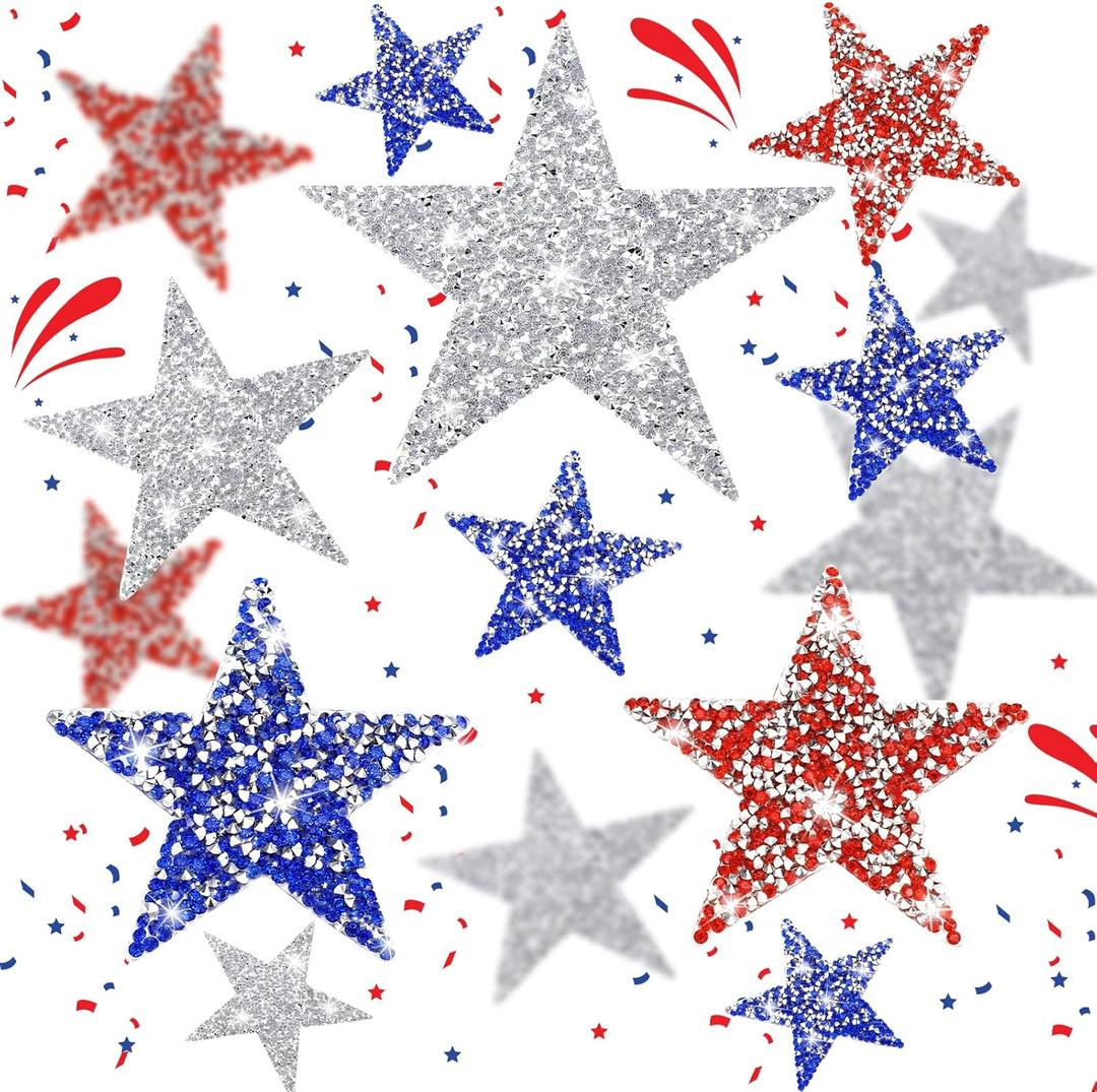 Syhood 32 Pieces Patriotic Iron on Star Patches Adhesive Glitter Star Rhinestone DIY Patches Appliques Embellishments for Memorial Day Decoration Clothing Jeans Repair, 5 Sizes(Red, Silver, Blue)