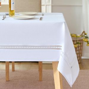 EHouseHome Heavy Duty Waffle Weave Jacquard Fabric Tablecloth with White Lace,Waterproof and Stain-Resistant Tablecloth for Dinning,Party,Holiday,Wedding,Rectangle,60x144Inch,White