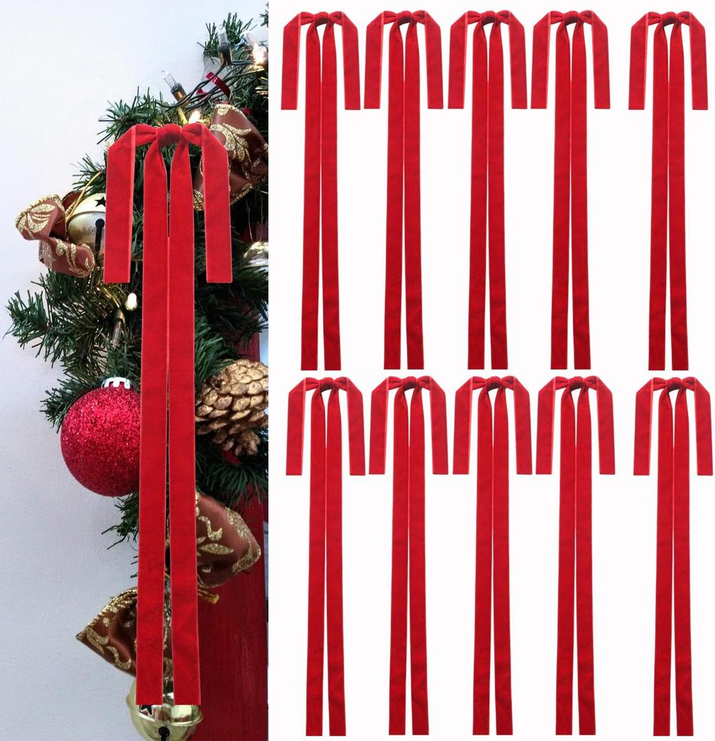 10pcs Red Large Velvet Christmas Bows for Xmas Tree Wreath, Garland, Swag, Staircase,Wedding Indoor Outdoor Home Decor (15 * 24 inch,Width of 1inch)