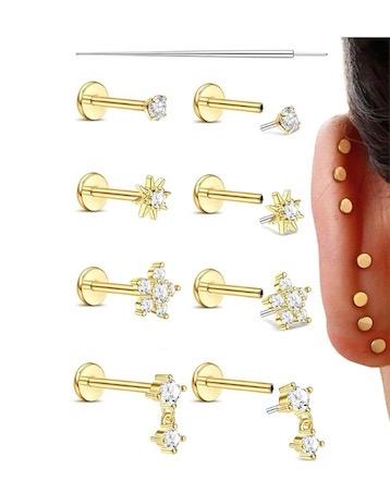 Sanfenly Threadless Flat Back Earrings Studs 316L Surgical Steel Push in Nose Studs Rings CZ Tragus Cartilage Helix Conch Labret Lip Nostril Medusa Piercing Jewelry Hypoallergenic 20G 18G 16G