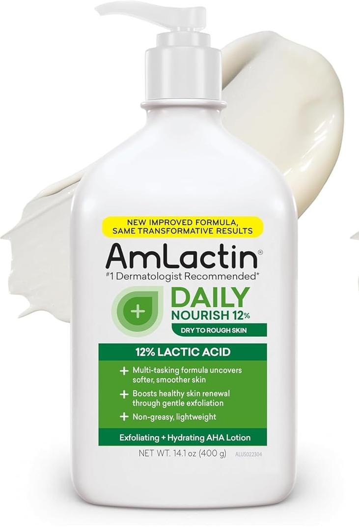 AmLactin Daily Nourish Therapeutic Body Lotion for Dry Skin NoScrub Exfoliator and Moisturizer 12% Lactic Acid Lotion, 14.1 oz 