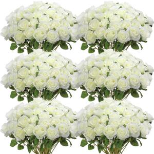 Jexine 50 Pcs Artificial Rose Flower Bulk Realistic Silk Fake Roses with Long Stem Plastic Artificial Flower Bouquet Real Looking for Home Wedding Centerpieces Party Decoration(White)